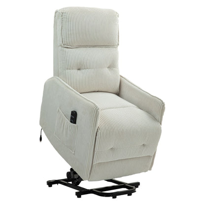 Fauteuil inclinable électrique beige avec poches latérales, ressorts ensachés et coussin moelleux pour salon et chambre