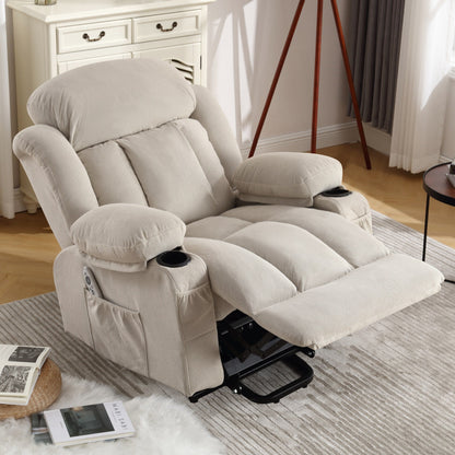 Fauteuil releveur électrique beige avec chauffage, massage, port USB, rangement latéral et télécommande