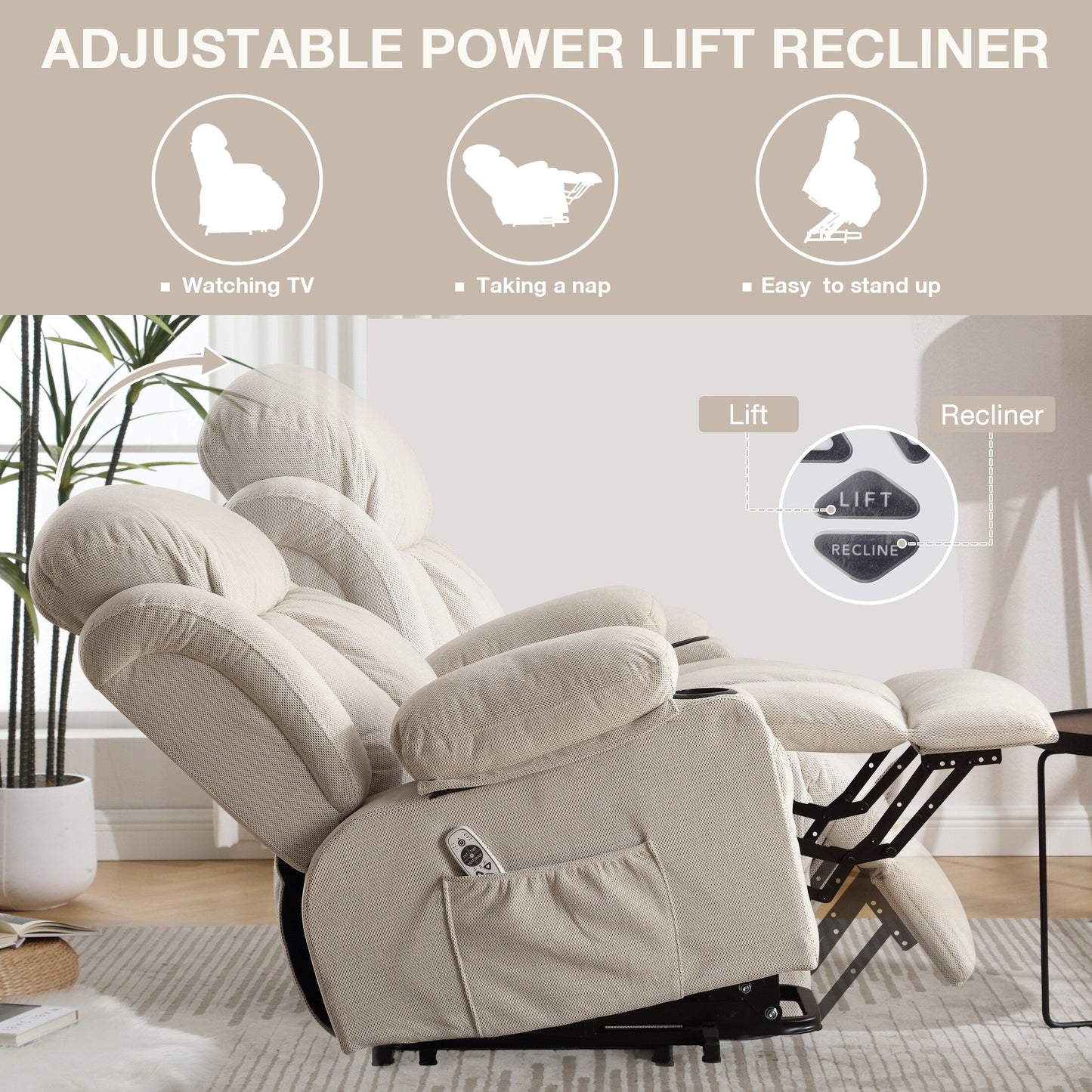 Fauteuil releveur électrique beige avec chauffage, massage, port USB, rangement latéral et télécommande