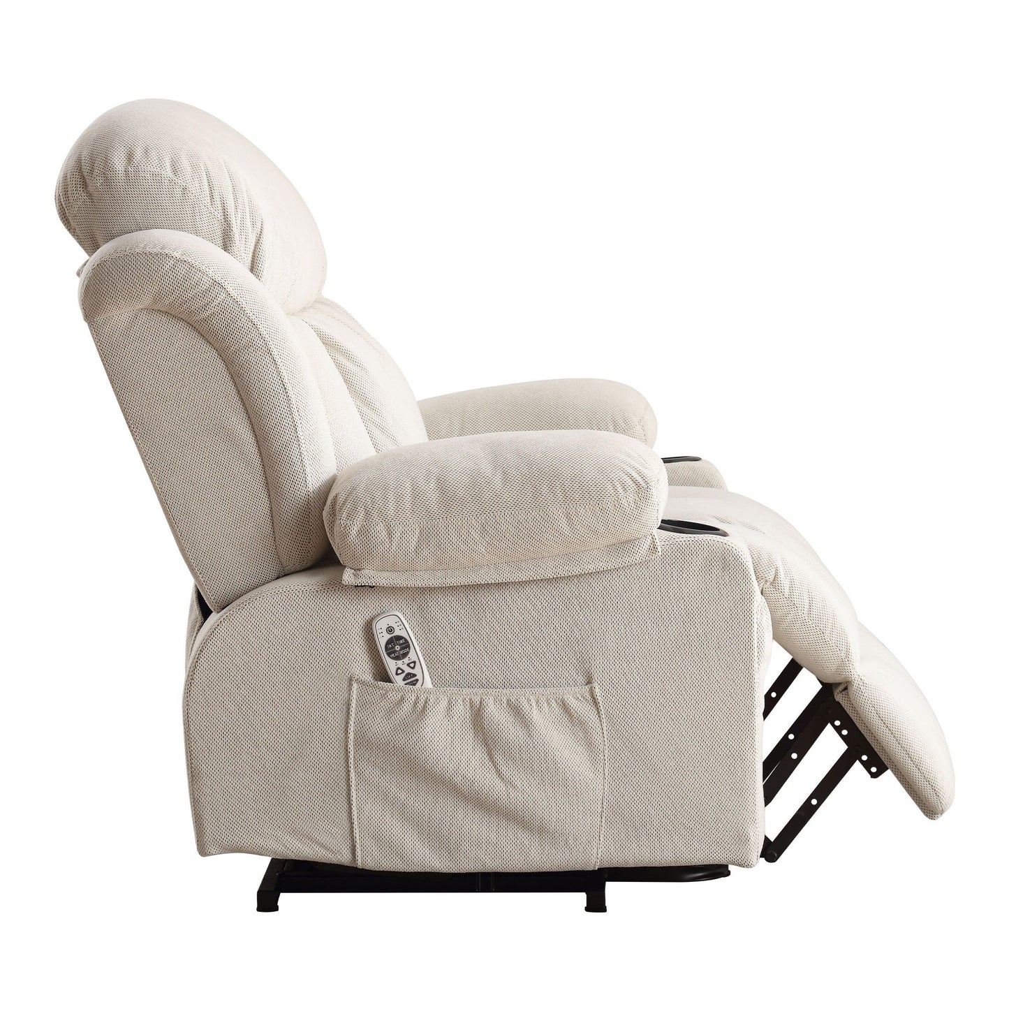 Fauteuil releveur électrique beige avec chauffage, massage, port USB, rangement latéral et télécommande