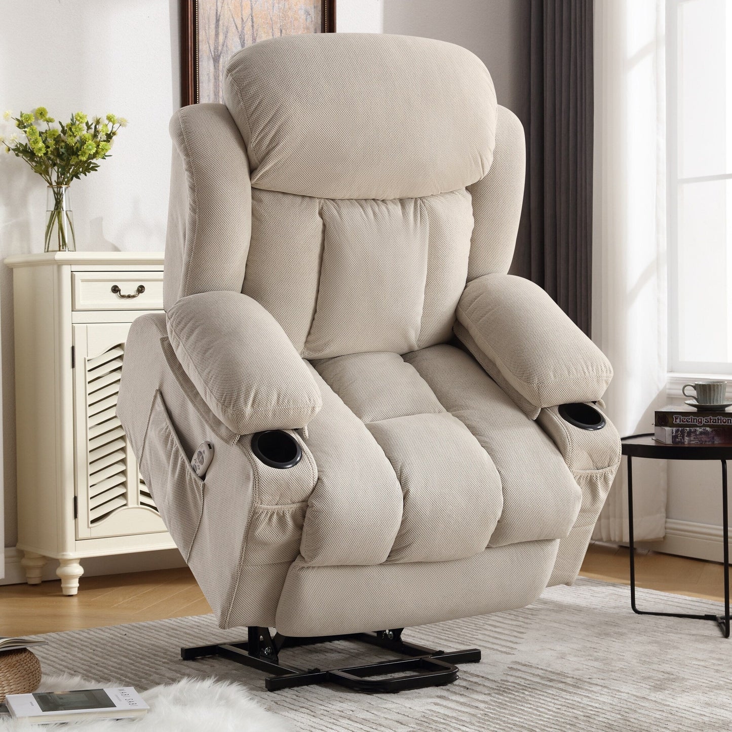 Fauteuil releveur électrique beige avec chauffage, massage, port USB, rangement latéral et télécommande