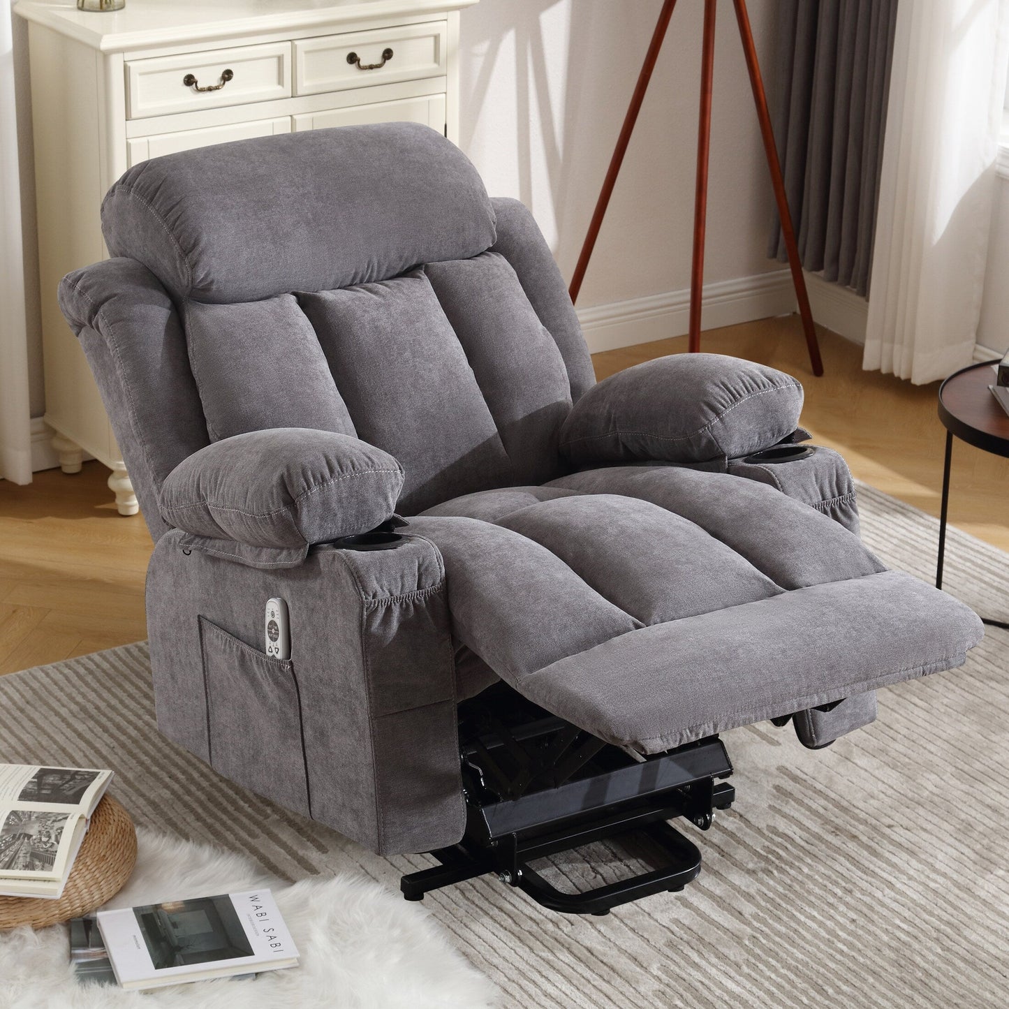 Fauteuil releveur électrique beige avec chauffage, massage, port USB, rangement latéral et télécommande