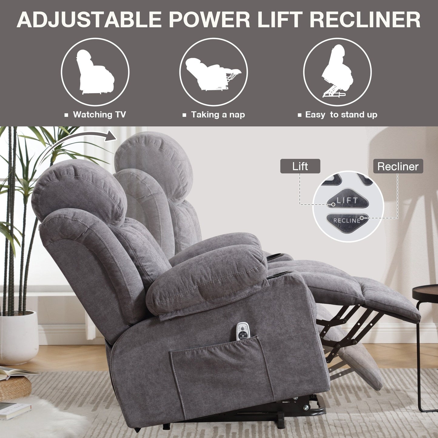 Fauteuil inclinable électrique beige avec chauffage, massage, port USB et télécommande