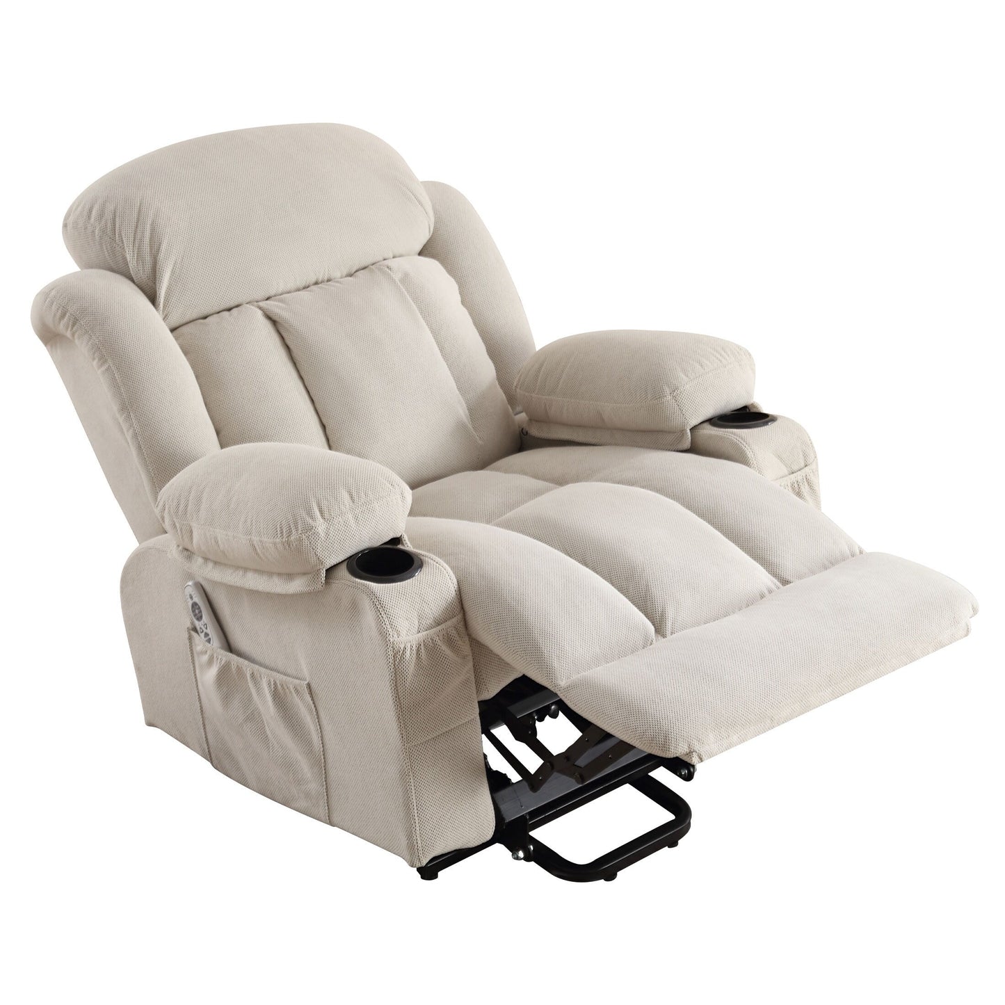 Fauteuil inclinable ergonomique beige avec massage chauffant, chargement USB, poches latérales et télécommande facile à utiliser