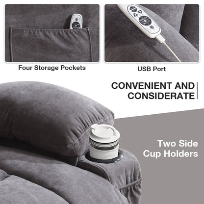 Fauteuil inclinable ergonomique beige avec massage chauffant, chargement USB, poches latérales et télécommande facile à utiliser