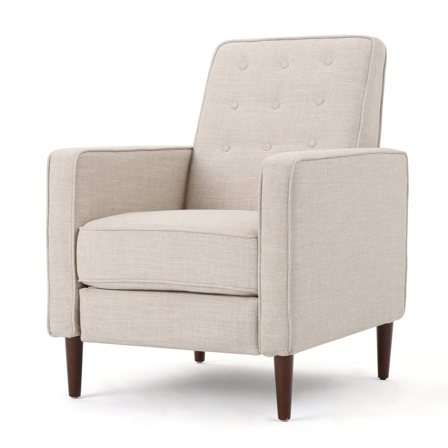 Fauteuil inclinable rembourré en tissu beige style milieu du siècle avec repose-pieds, dossier capitonné et pieds en hêtre