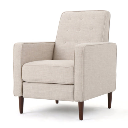 Fauteuil inclinable rembourré en tissu beige style milieu du siècle avec repose-pieds, dossier capitonné et pieds en hêtre