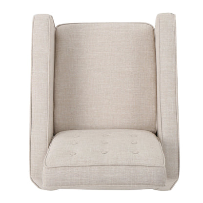 Fauteuil inclinable rembourré en tissu beige style milieu du siècle avec repose-pieds, dossier capitonné et pieds en hêtre