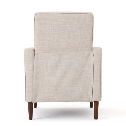 Fauteuil inclinable rembourré en tissu beige style milieu du siècle avec repose-pieds, dossier capitonné et pieds en hêtre