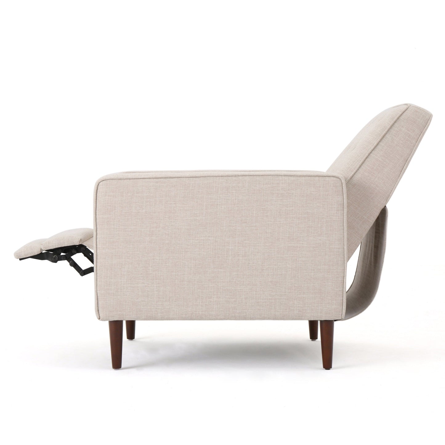 Fauteuil inclinable rembourré en tissu beige style milieu du siècle avec repose-pieds, dossier capitonné et pieds en hêtre