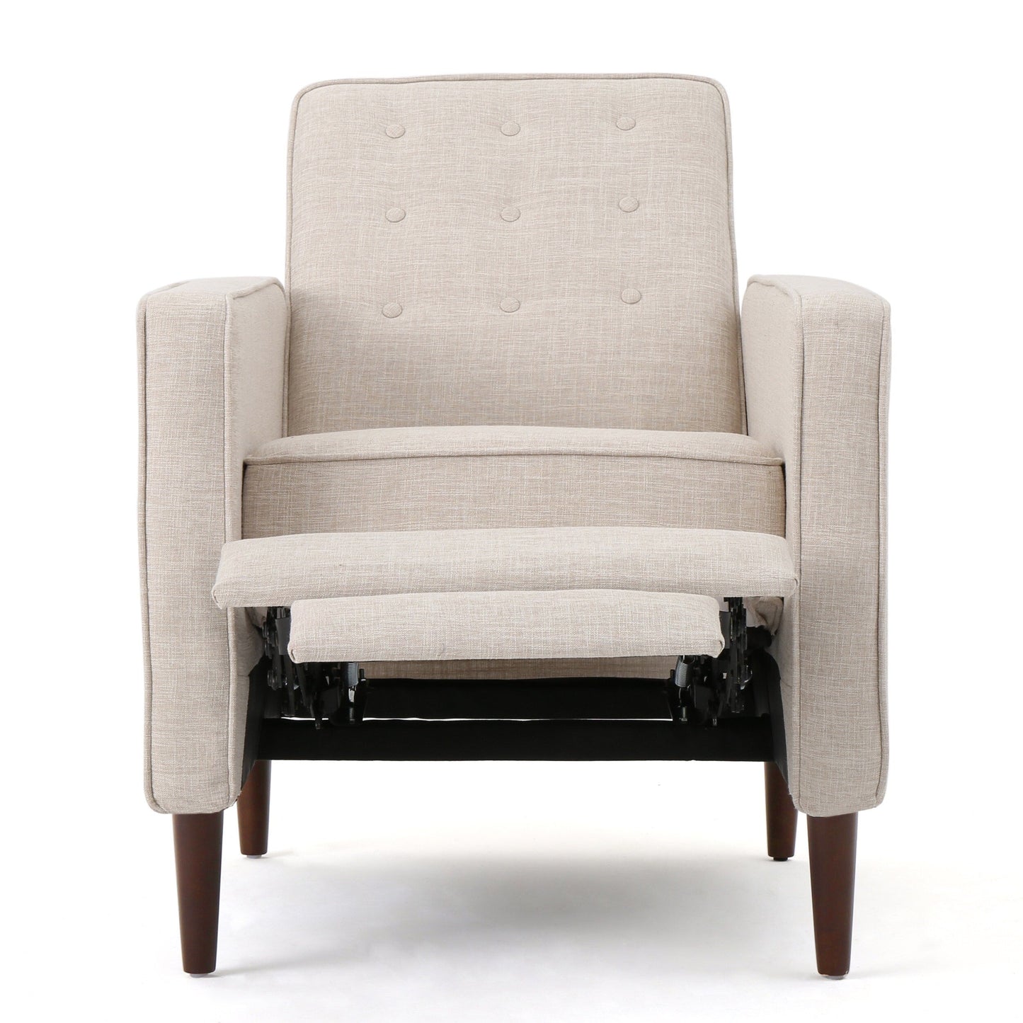 Fauteuil inclinable rembourré en tissu beige style milieu du siècle avec repose-pieds, dossier capitonné et pieds en hêtre