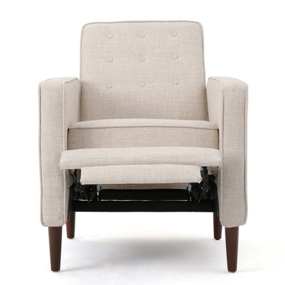 Fauteuil inclinable rembourré en tissu beige style milieu du siècle avec repose-pieds, dossier capitonné et pieds en hêtre