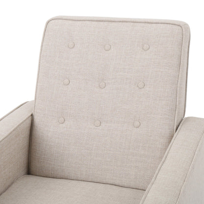Fauteuil inclinable rembourré en tissu beige style milieu du siècle avec repose-pieds, dossier capitonné et pieds en hêtre