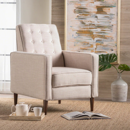 Fauteuil inclinable rembourré en tissu beige style milieu du siècle avec repose-pieds, dossier capitonné et pieds en hêtre