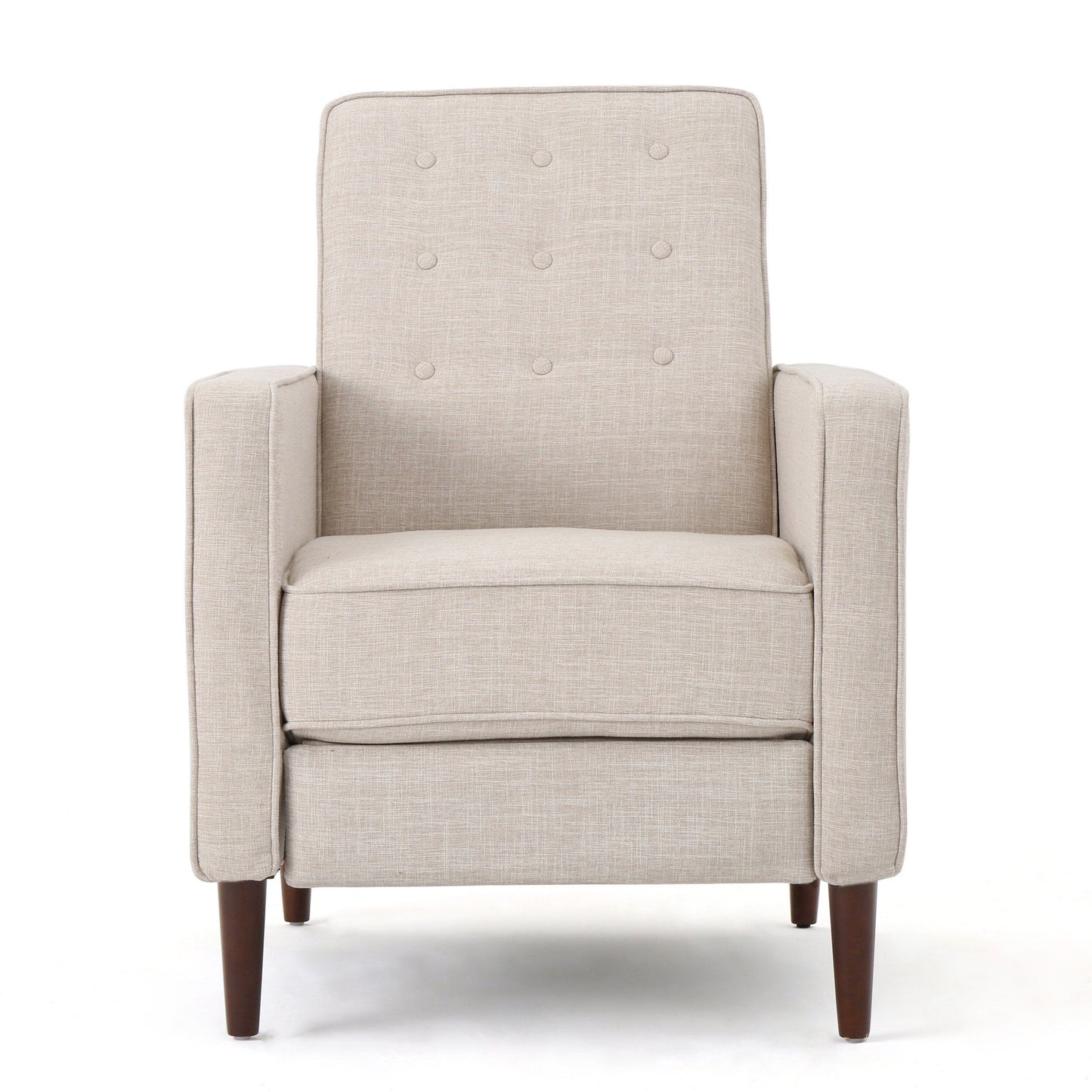 Fauteuil inclinable rembourré en tissu beige style milieu du siècle avec repose-pieds, dossier capitonné et pieds en hêtre
