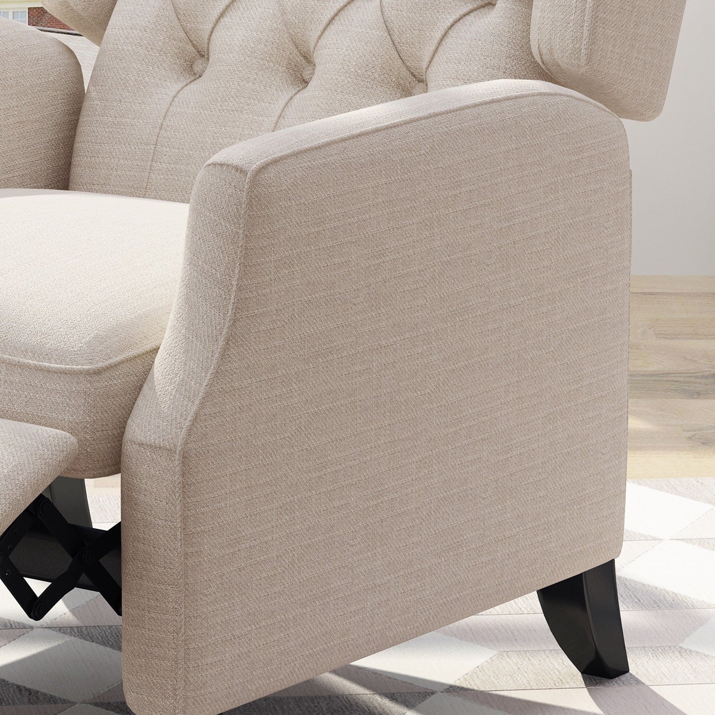 Fauteuil inclinable à oreilles en tissu beige de style milieu du siècle avec repose-pieds et dossier capitonné