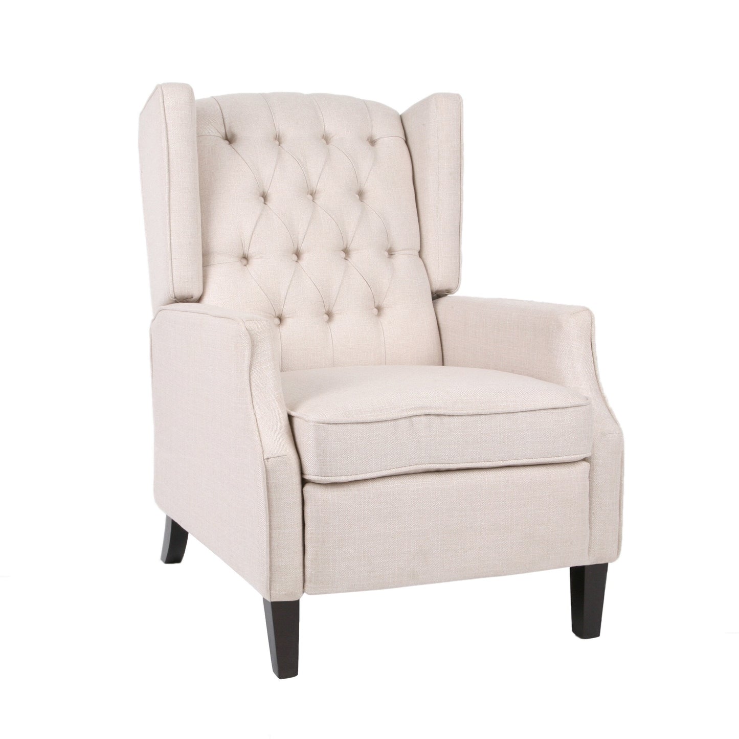 Fauteuil inclinable à oreilles en tissu beige de style milieu du siècle avec repose-pieds et dossier capitonné