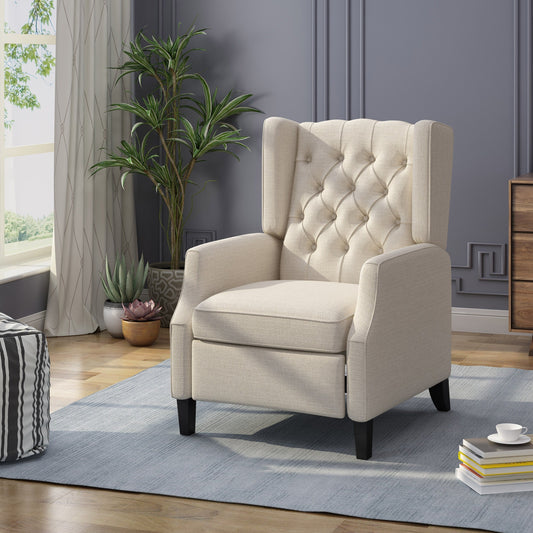 Fauteuil inclinable à oreilles en tissu beige de style milieu du siècle avec repose-pieds et dossier capitonné
