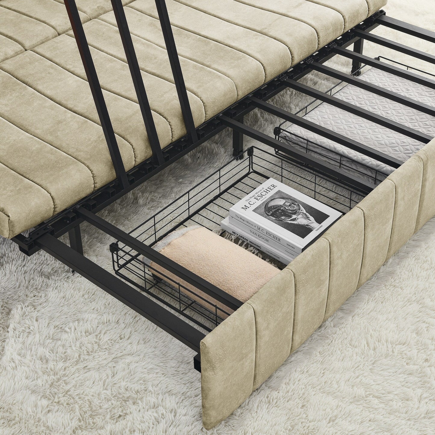 Canapé-lit gigogne 3 places en mousse beige avec tiroirs