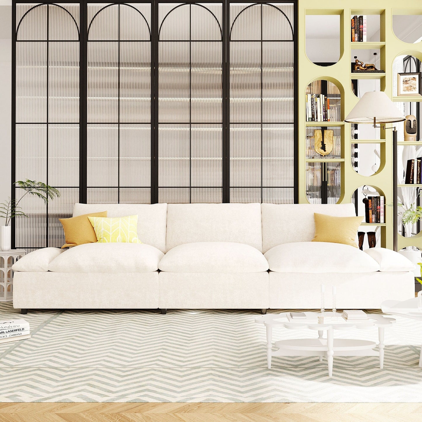 Grand canapé 3 places beige en polyester avec rangements