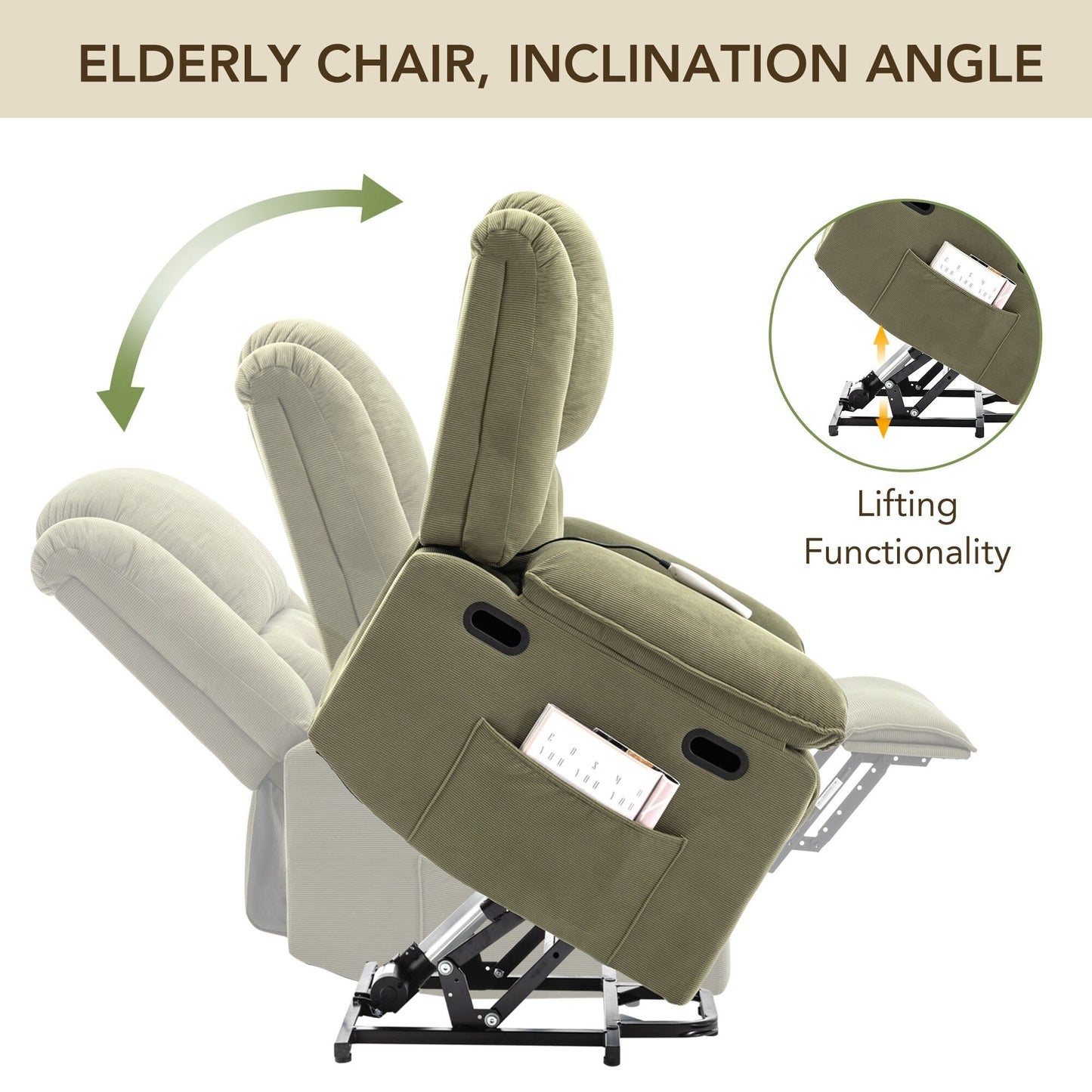 Fauteuil inclinable releveur beige pour personnes âgées avec massage, chauffage, inclinaison réglable, rangement latéral et fonctions de positionnement multiples