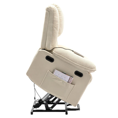 Fauteuil inclinable releveur beige pour personnes âgées avec massage, chauffage, inclinaison réglable, rangement latéral et fonctions de positionnement multiples