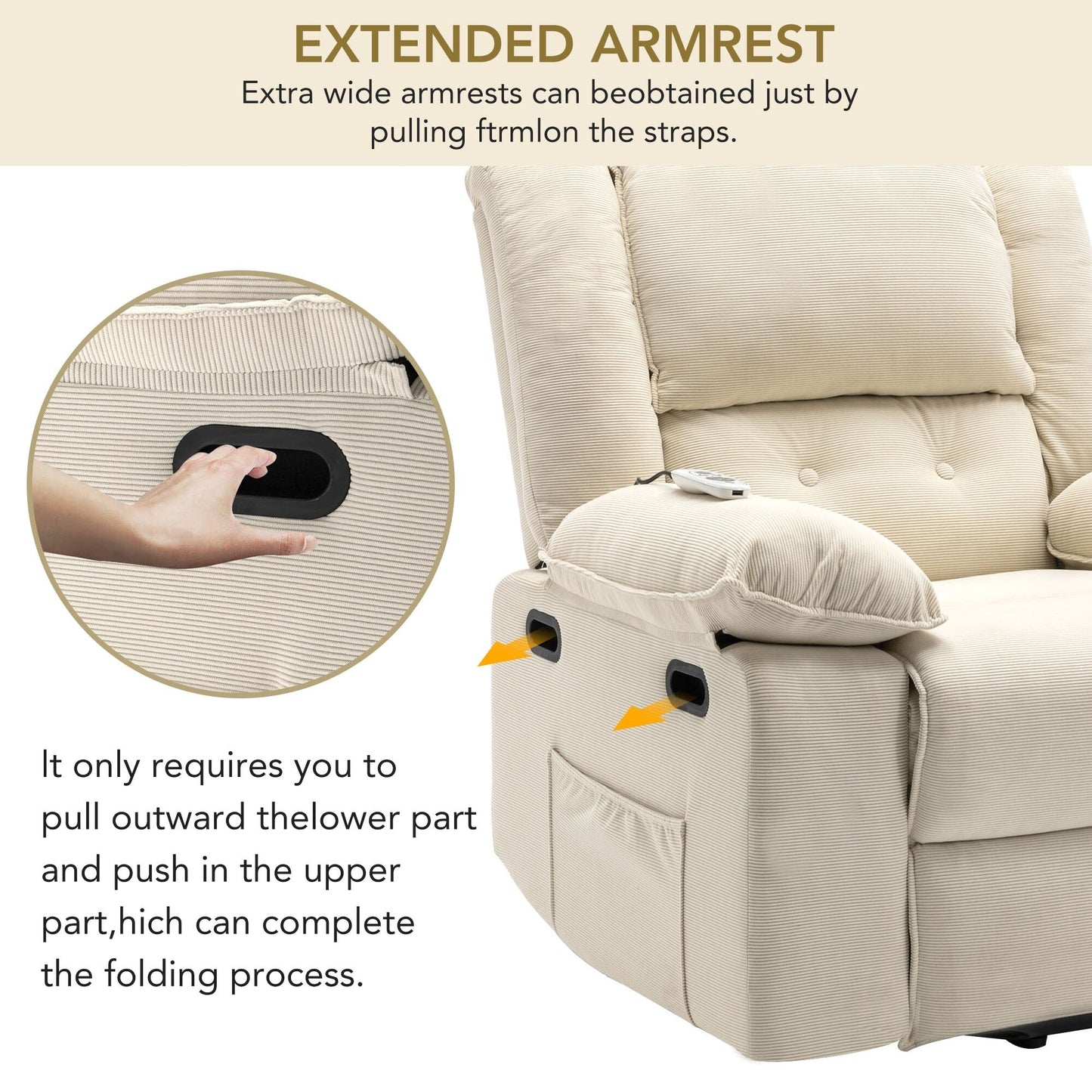 Fauteuil inclinable releveur beige pour personnes âgées avec massage, chauffage, inclinaison réglable, rangement latéral et plusieurs options de positionnement