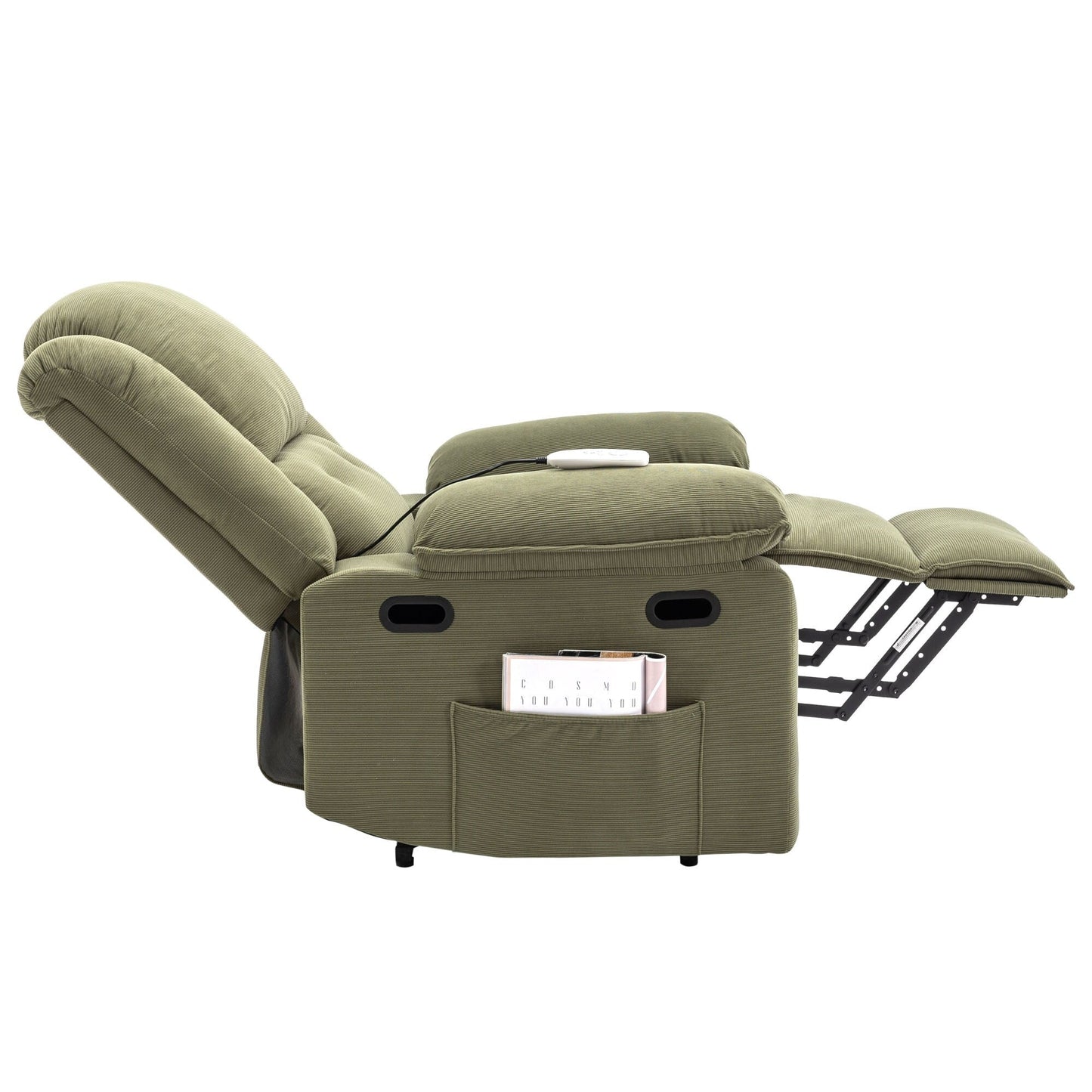 Fauteuil inclinable releveur beige pour personnes âgées avec massage, chauffage, inclinaison réglable, rangement latéral et plusieurs options de positionnement