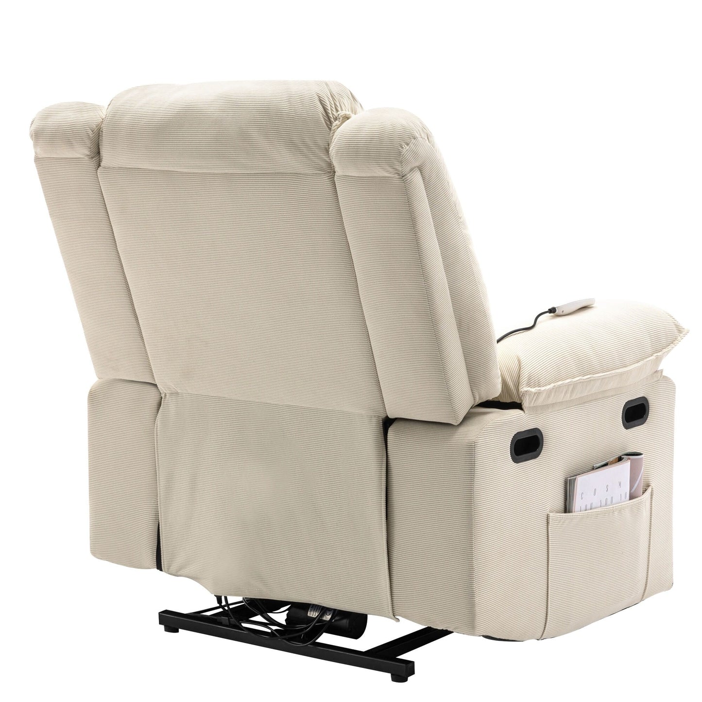 Fauteuil inclinable releveur beige avec massage chauffant, positions d'inclinaison infinies, poches latérales et accoudoirs rétractables pour plus de confort