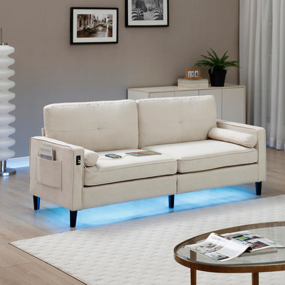 Canapé 3 places en lin beige avec lumières LED et ports USB