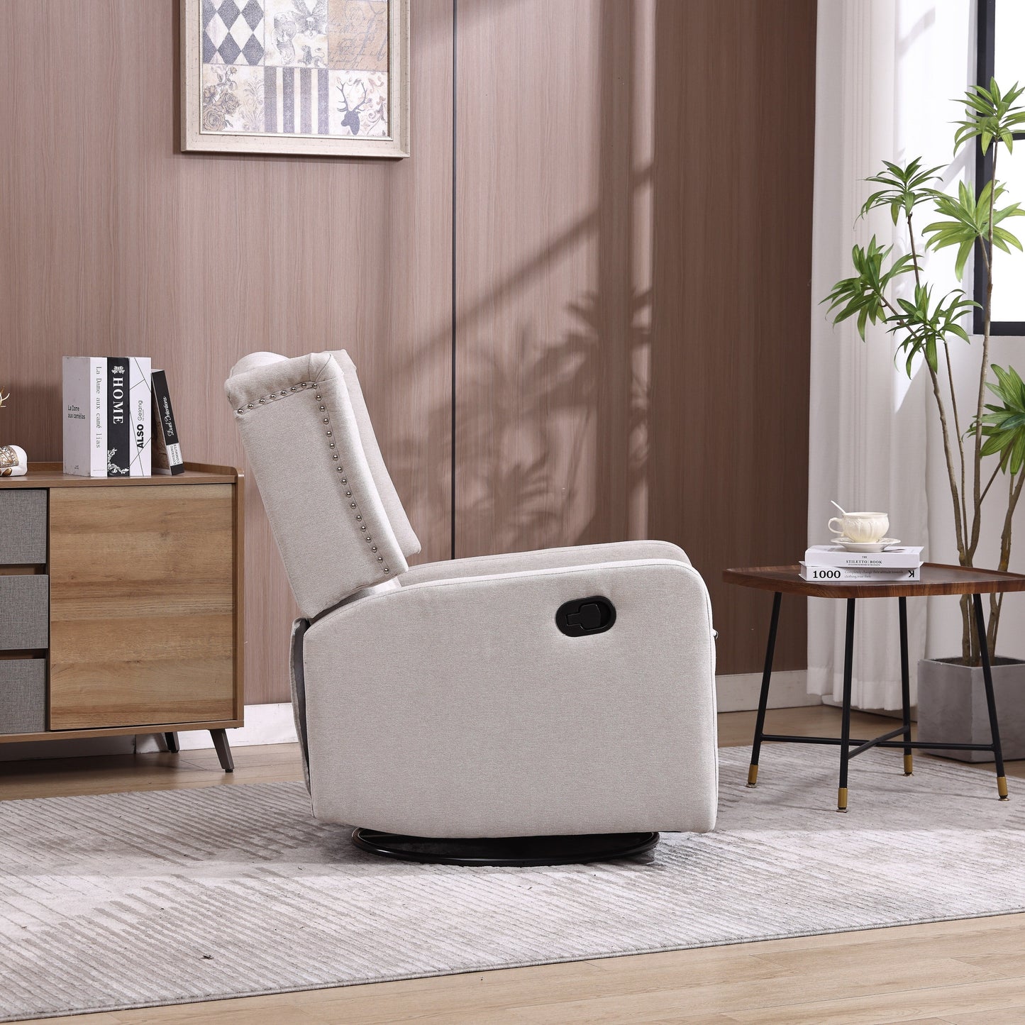 Fauteuil inclinable manuel pivotant à 360° en lin beige avec dossier capitonné et repose-pieds pour salon et chambre