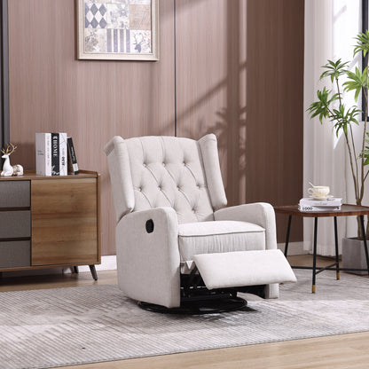 Fauteuil inclinable manuel pivotant à 360° en lin beige avec dossier capitonné et repose-pieds pour salon et chambre