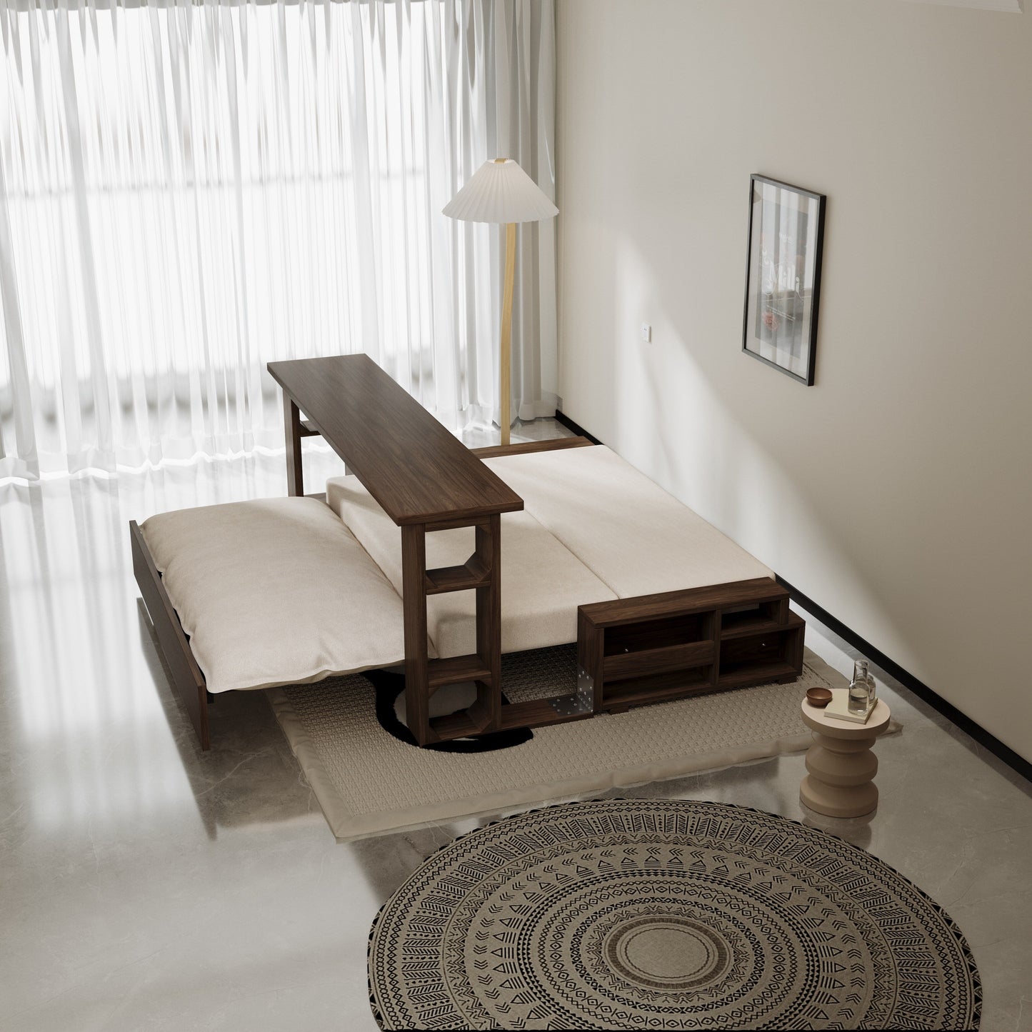 Canapé-lit convertible beige avec rangement