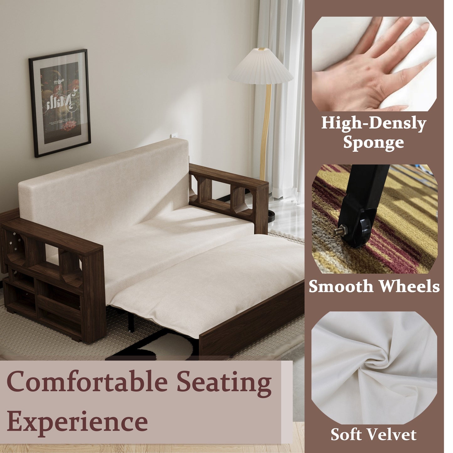 Canapé-lit convertible beige avec rangement