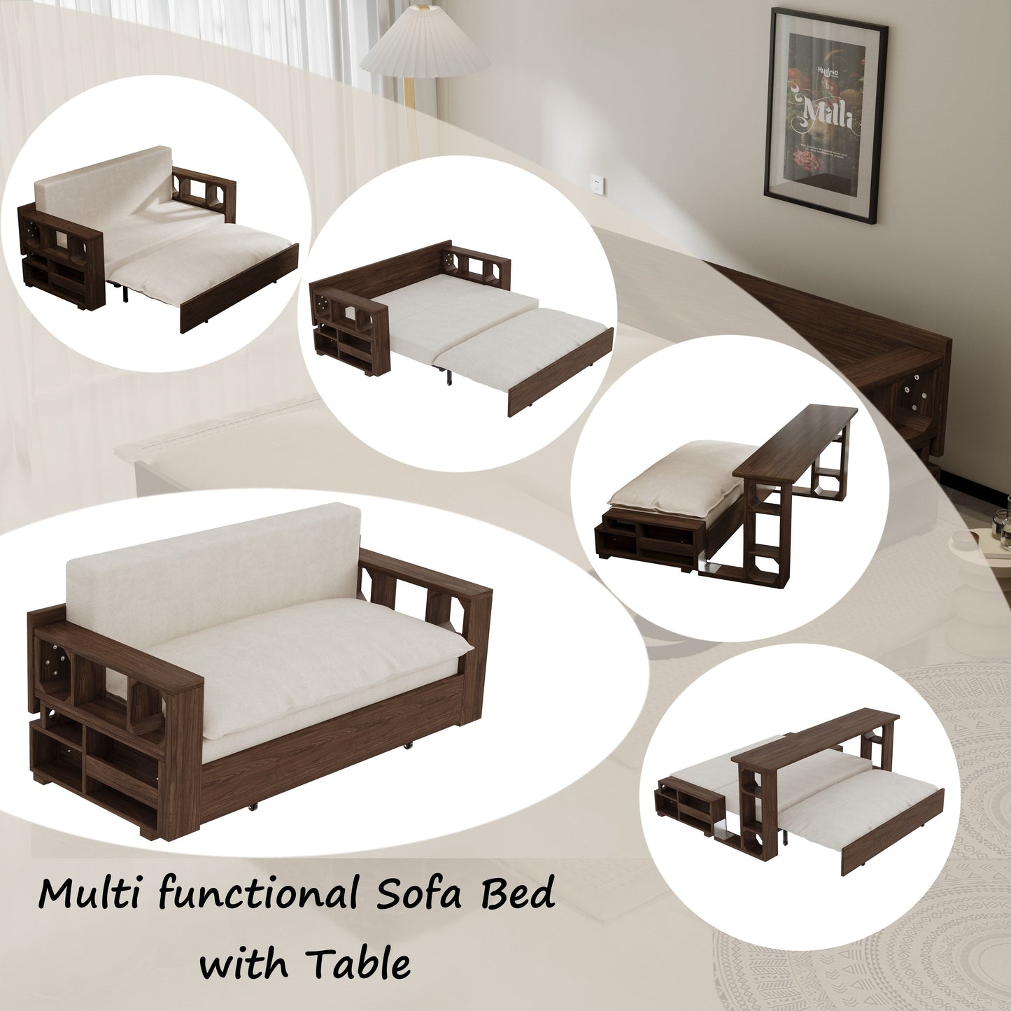 Canapé-lit convertible beige avec rangement