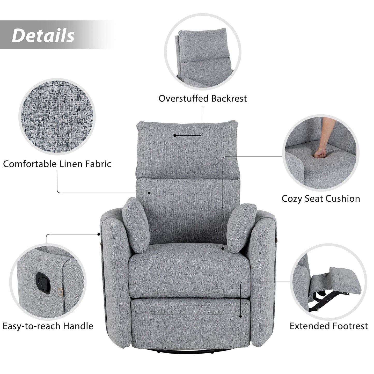 Fauteuil inclinable manuel beige pivotant à 360° avec dossier réglable, idéal avec deux oreillers amovibles