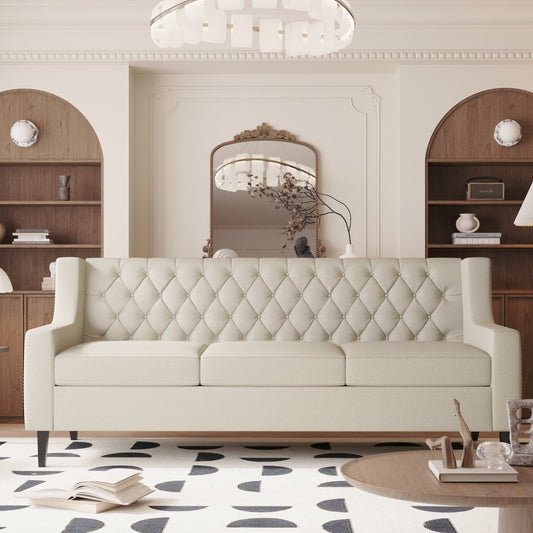 Canapé 3 places beige style Mid-Century Modern en polyester 78,75 po avec dossier capitonné et coussin confortable pour le salon