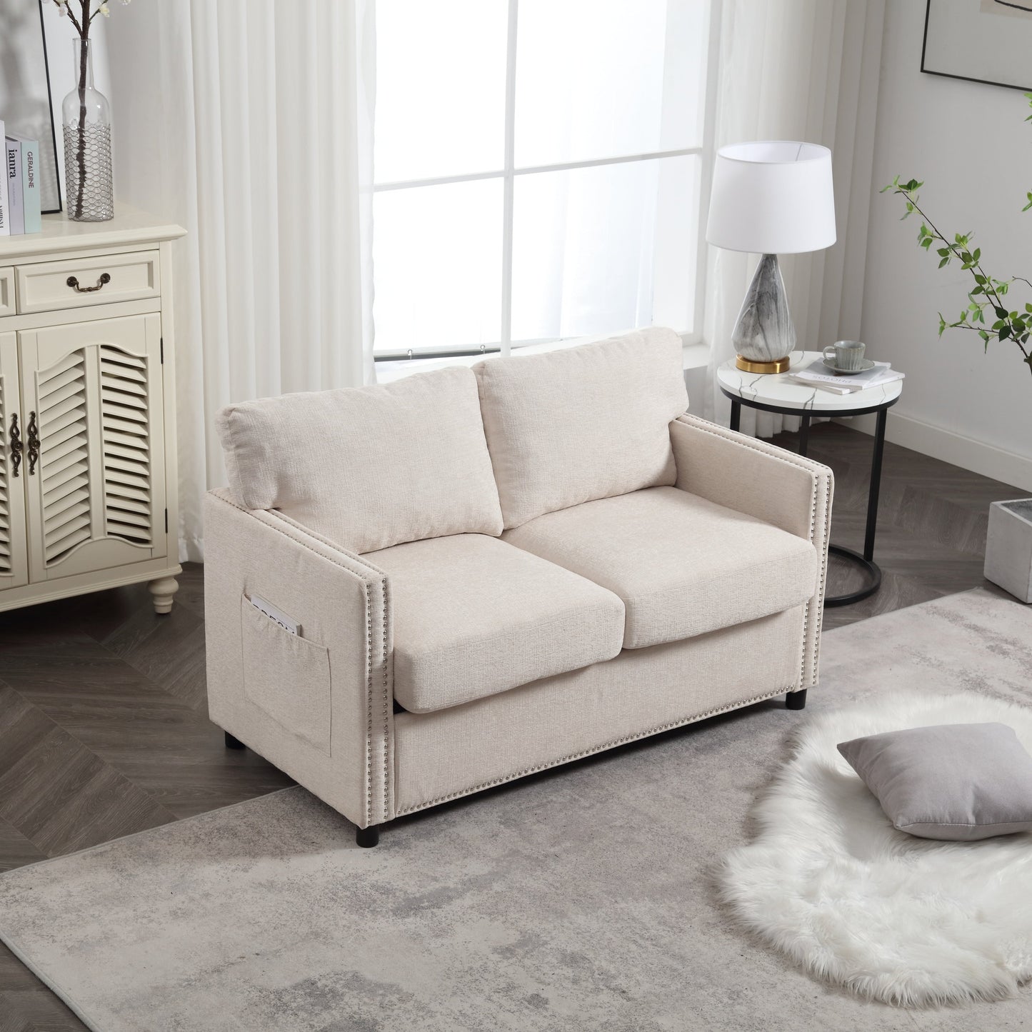 Canapé causeuse beige moderne 52,36 pouces en chenille avec poche et clous pour le salon