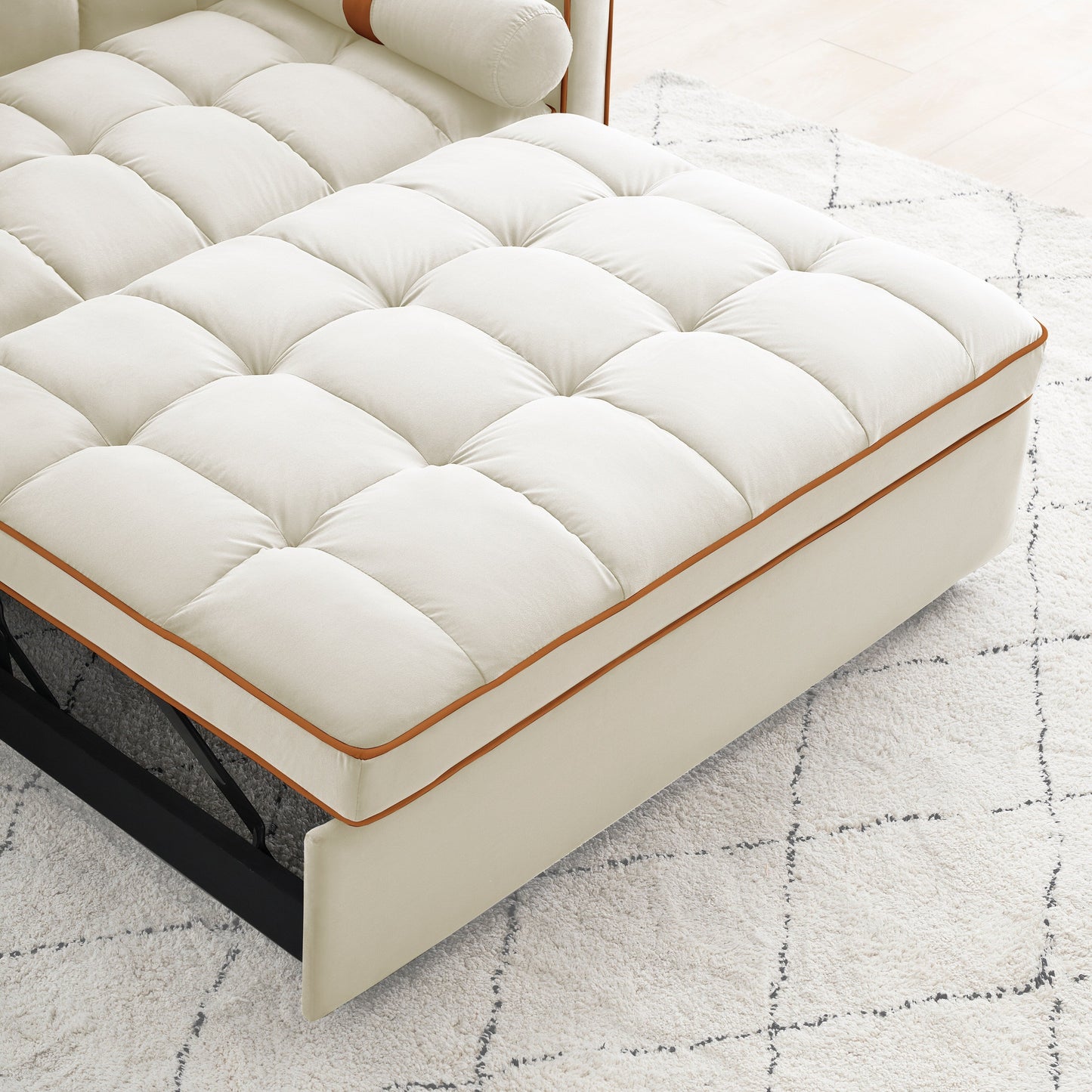 Canapé-lit convertible en velours beige moderne de 55,5 pouces avec coussins et poches latérales pour le salon