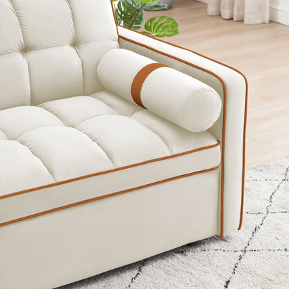 Canapé-lit convertible en velours beige moderne de 55,5 pouces avec coussins et poches latérales pour le salon