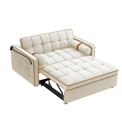 Canapé-lit convertible en velours beige moderne de 55,5 pouces avec coussins et poches latérales pour le salon