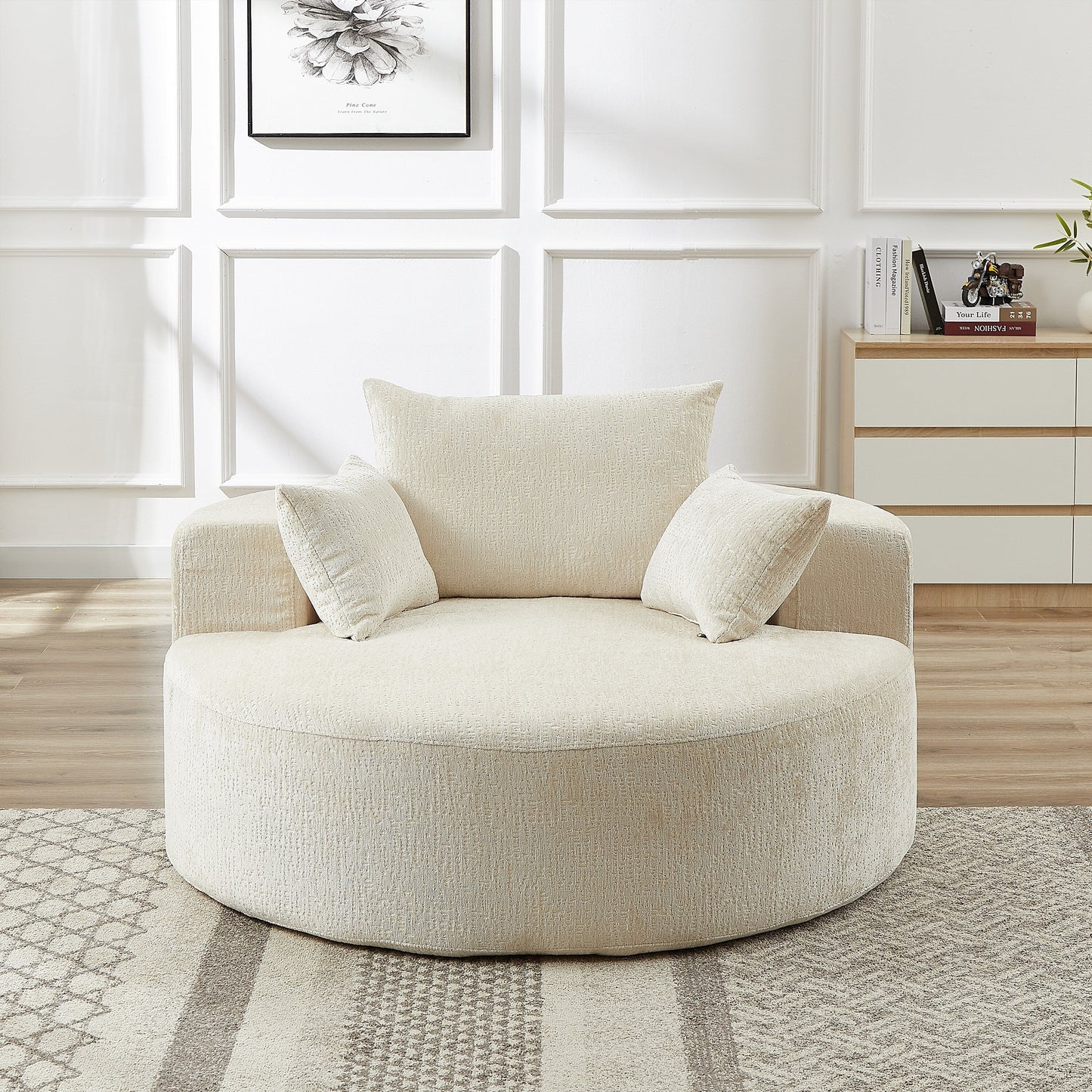 Canapé-lit simple rond beige moderne de 55 cm en chenille éponge avec coussin de dossier pour le salon