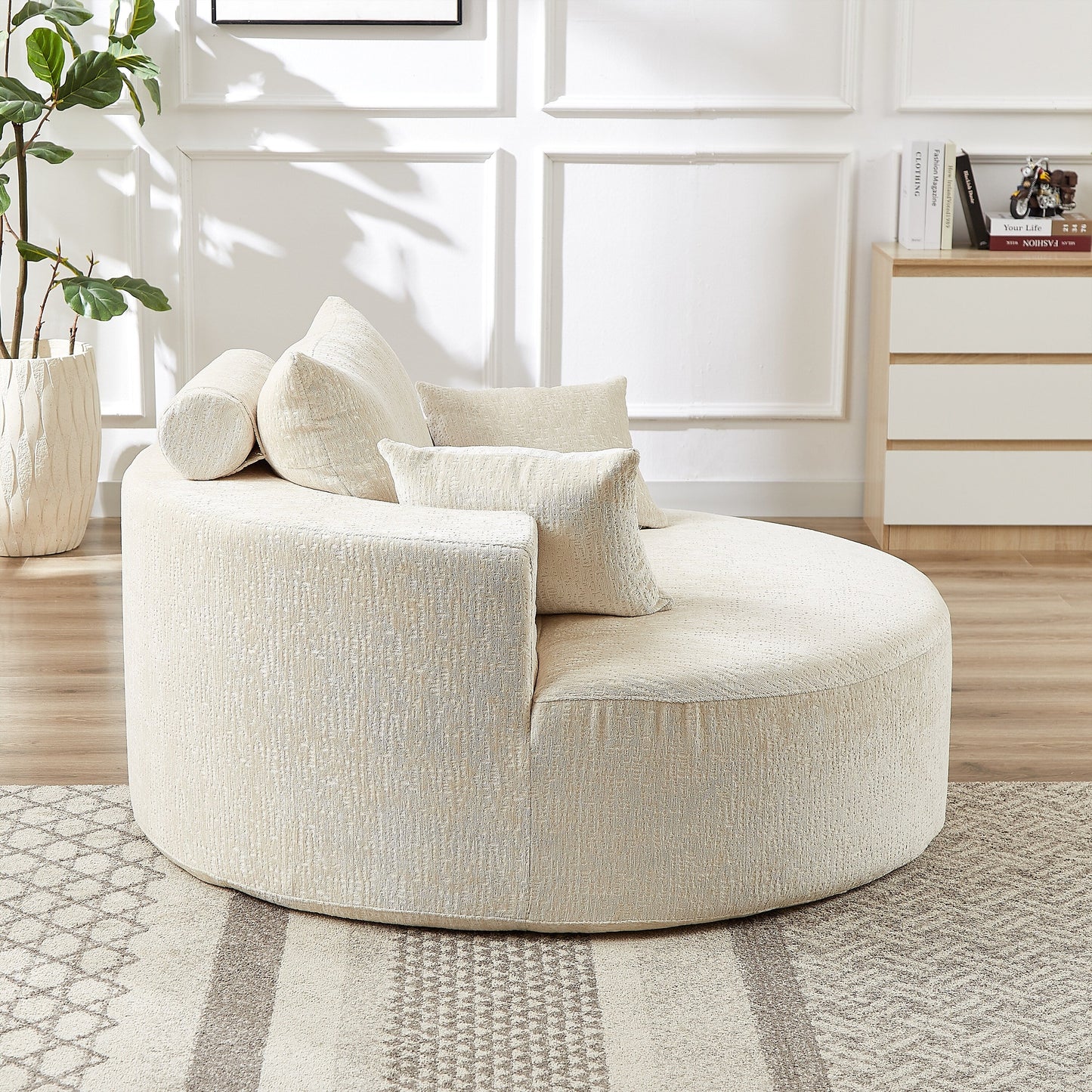 Canapé-lit simple rond beige moderne de 55 cm en chenille éponge avec coussin de dossier pour le salon