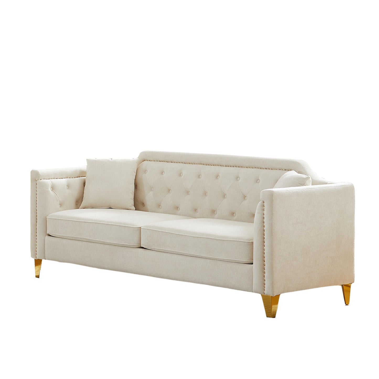 Canapé 3 places beige moderne en chenille de 61,5 pouces, capitonné avec boutons, accoudoirs décorés de clous cuivrés et 2 coussins pour le salon