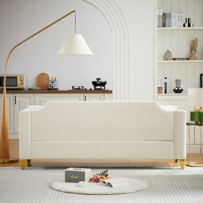 Canapé 3 places beige moderne en chenille de 61,5 pouces, capitonné avec boutons, accoudoirs décorés de clous cuivrés et 2 coussins pour le salon