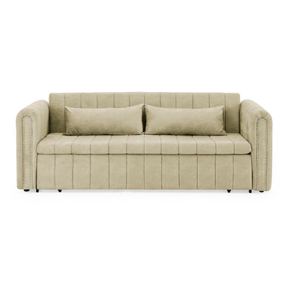 Canapé-lit gigogne 3 places beige moderne 68 en mousse 3 en 1 avec clous en cuivre et deux tiroirs