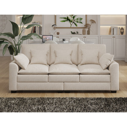 Canapé 3 places beige moderne en polyester 78,7 avec coussins et pieds en bois massif pour le salon