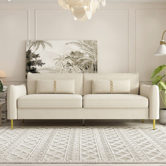 Canapé causeuse en velours beige moderne 85,43 avec pieds et coussins dorés pour le salon