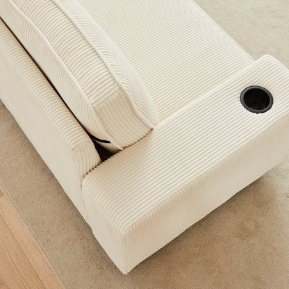 Canapé 3 places beige moderne en velours côtelé 86,5 avec deux espaces de rangement, ports de chargement USB et deux porte-gobelets