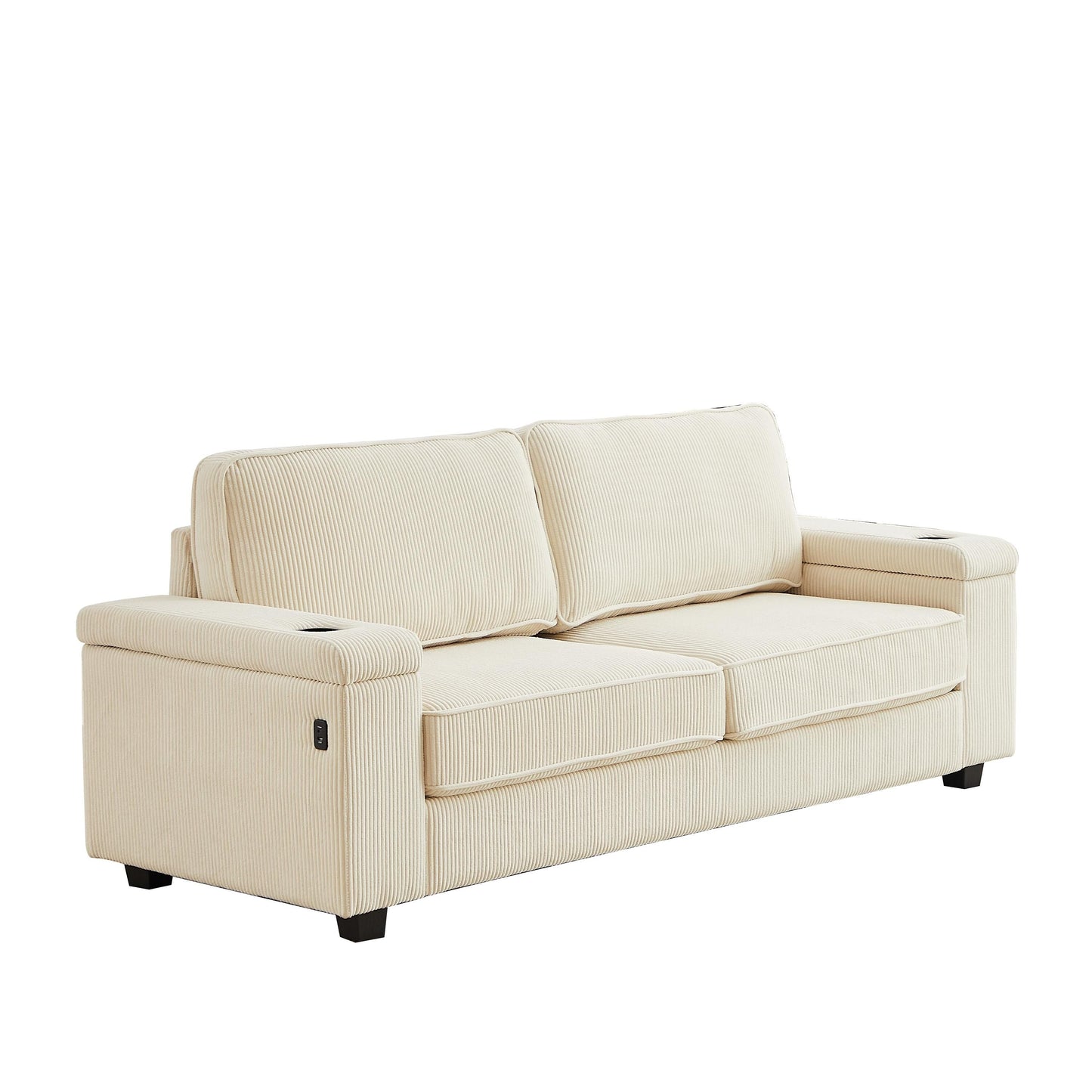 Canapé 3 places beige moderne en velours côtelé 86,5 avec deux espaces de rangement, ports de chargement USB et deux porte-gobelets